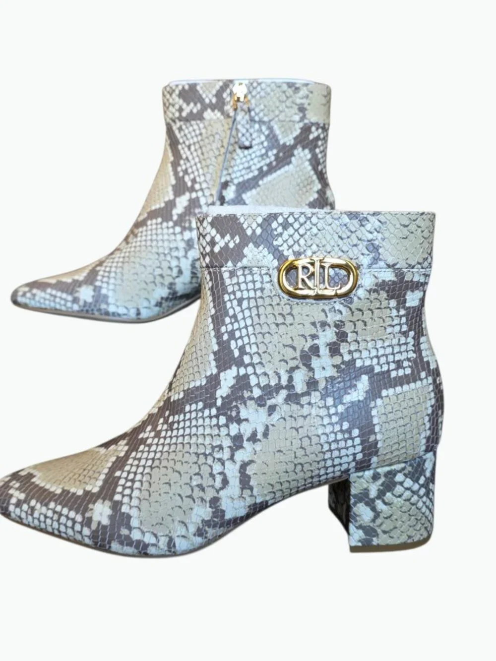 Ralph Lauren Wynne II Snake Print Leather Ankle Boots 10B Python Block Heel NIB